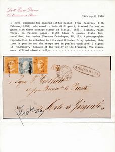 1860 - Sovracoperta per assicurata da Palermo a Molo di Girgenti dell11 febbraio affrancata con, 1859, 2 grana azzurro chiaro, carta di Palermo, III tavola, e due esemplari del 5 grana vermiglio, II  tavola (Sass. 8 e 11).  - Asta Filatelia e Storia Postale - Associazione Nazionale - Case d'Asta italiane