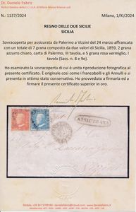 1860 - Sovracoperta per assicurata da Palermo a Vizzini del 24 marzo affrancata con, 1859, 2 grana azzurro chiaro, carta di Palermo, III tavola e 5 grana rosa vermiglio, I tavola (Sass. 8 e 9e)  - Asta Filatelia e Storia Postale - Associazione Nazionale - Case d'Asta italiane