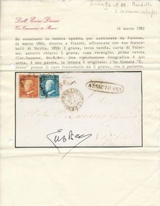 1860 - Sovracoperta per assicurata da Palermo a Vizzini del 24 marzo affrancata con, 1859, 2 grana azzurro chiaro, carta di Palermo, III tavola e 5 grana rosa vermiglio, I tavola (Sass. 8 e 9e)  - Asta Filatelia e Storia Postale - Associazione Nazionale - Case d'Asta italiane