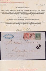 1858 - Granducato di Toscana - Posta Europea di Alessandria 60 crazie scarlatto cupo su grigio (Sass. 9), 1 crazia carminio su grigio (Sass. 4) e 4 crazie verde II emissione su lettera da Livorno ad Alessandria dEgitto del 25 giugno (Archivio Luzzato)  - Asta Filatelia e Storia Postale - Associazione Nazionale - Case d'Asta italiane