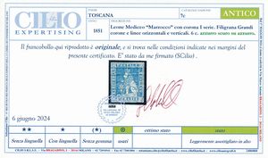 1851  Toscana  6c. azzurro scuro su azzurro Marzocco usato (Sass. 7c).  - Asta Filatelia e Storia Postale - Associazione Nazionale - Case d'Asta italiane