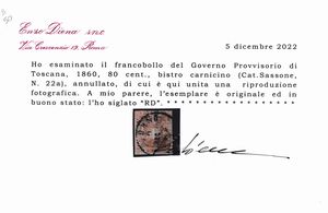 1860  Toscana  Governo Provvisorio  80 cent. bistro carnicino (Sass. 22a) annullato.  - Asta Filatelia e Storia Postale - Associazione Nazionale - Case d'Asta italiane