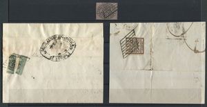 Stato Pontificio - Piccolo lotto composto da cinque sovracoperte I e II emissione, cinque frammenti I amissione (si nota un 3b. bistro arancio stampa oleosa) ed un 1/2b. violetto usato ben marginato.  - Asta Filatelia e Storia Postale - Associazione Nazionale - Case d'Asta italiane