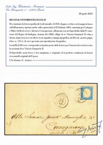 1861 - Regno d'Italia - Lettera da Lodi a Cornogiovane via Codogno e Maleo del 23 febbraio affrancata con francobollo sardo, IV emissione, tiratira del 1860, 20 cent. azzurro grigio (Sass. 15Cc).  - Asta Filatelia e Storia Postale - Associazione Nazionale - Case d'Asta italiane