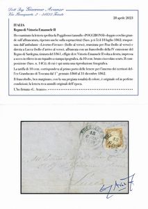 1862 - Regno dItalia - Lettera da Poggibonsi per Lucca via Pisa trasportata dallambulante Livorno-Firenze affrancata con francobollo sardo IV emissione, tiratura del 1861, 10 cent. bruno cioccolato scuro (Sass. 14Ci)  - Asta Filatelia e Storia Postale - Associazione Nazionale - Case d'Asta italiane