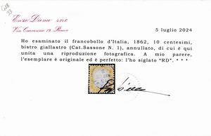 1862  Regno dItalia  10 cent. bistro giallastro usato (Sass. 1).  - Asta Filatelia e Storia Postale - Associazione Nazionale - Case d'Asta italiane