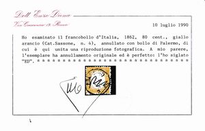 1862  Regno dItalia  80 cent. giallo arancio (Sass. 4) con annullo di Palermo.  - Asta Filatelia e Storia Postale - Associazione Nazionale - Case d'Asta italiane