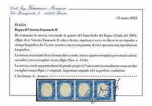 1863 - Regno dItalia - 15 cent. azzurro - Striscia orizzontale, nuova, di tre formata dal secondo, terzo e quarto esemplare con la variet: secondo e terzo esemplare senza effige (Sass. 11nb).  - Asta Filatelia e Storia Postale - Associazione Nazionale - Case d'Asta italiane
