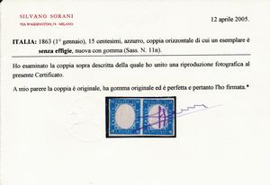 1863 - Regno dItalia - 15 cent. azzurro, coppia orizzontale, nuova, di cui un esemplare senza effigie (Sass. 11n).  - Asta Filatelia e Storia Postale - Associazione Nazionale - Case d'Asta italiane