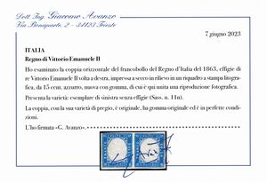 1863 - Regno dItalia - 15 cent. azzurro, coppia orizzontale, nuova, di cui un esemplare senza effigie (Sass. 11n).  - Asta Filatelia e Storia Postale - Associazione Nazionale - Case d'Asta italiane