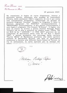 1863  Regno dItalia - Foglio di carta filigranata, bianca e piuttosto sottile, destinato alla stampa dei francobolli d'Italia, emissioni del 1863 e seguenti. Comprende un gruppo di novanta filigrane Corona con dicitura marginali LI POSTALI orizzontalmente e MINISTERO verticalmente. Reca al centro la scritta corsiva a penna Italian Postage Paper  Crown ed in alto a sinistra Thos De La Rue & Co. London 11 Feb 1867 e proviene da un complesso di documenti della casa De La Rue e datati 1867;  probabile che provenga dalla cartiera  Turrey Mills di Maidstone piuttosto che dalle cartiere italiane di Serravalle Scrivia, che solo in quell'epoca iniziarono a fornire alle Officine Carte-Valori di Torino, in via di istituzione, la carta speciale per la stampa dei valori.  - Asta Filatelia e Storia Postale - Associazione Nazionale - Case d'Asta italiane