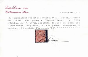 1863  Regno dItalia  10 cent. ocra arancio, Tiratura di Londra, filigrana lettere 7/10, usato (Sass. L17g).  - Asta Filatelia e Storia Postale - Associazione Nazionale - Case d'Asta italiane