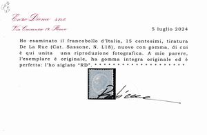 1863  Regno dItalia  15 cent. celeste chiaro, De La Rue, Tiratura di Londra, gomma integra (Sass. L18).  - Asta Filatelia e Storia Postale - Associazione Nazionale - Case d'Asta italiane