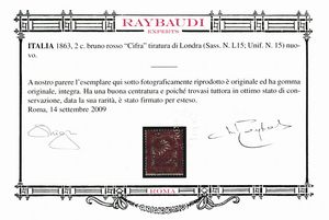 1863  Regno dItalia  2 cent. bruno rosso, Tiratura di Londra (Sass. L15).  - Asta Filatelia e Storia Postale - Associazione Nazionale - Case d'Asta italiane