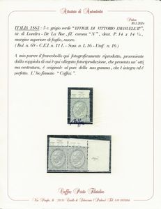 1863  Regno dItalia  5 cent. grigio verde, De La Rue, Tiratura di Londra, gomma integra, bdf (Sass. L16).  - Asta Filatelia e Storia Postale - Associazione Nazionale - Case d'Asta italiane