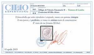 1863  Regno dItalia  60 cent. lilla chiaro, De La Rue, Tiratura di Londra, gomma integra (Sass. L21).  - Asta Filatelia e Storia Postale - Associazione Nazionale - Case d'Asta italiane