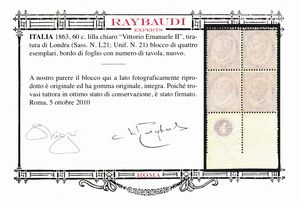 1863  Regno dItalia  60 cent. lilla chiaro, Tiratura di Londra (Sass. L21)  Quartina bdf con numero di tavola 4 in cerchio.  - Asta Filatelia e Storia Postale - Associazione Nazionale - Case d'Asta italiane