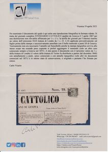 1867 - Regno dItalia - Giornale completo STENDARDO CATTOLICO da Genova affrancato per 1 cent., Tiratura di Londra (Sass. L14), applicato preventivamente sul foglio prima della stampa e successivamente annullato con bollo numerale a punti 13 di Genova. Teoricamente non era necessario lannullo sul francobollo poich la stampa tipografica serviva allo stesso scopo ma essendo poco coprente si prefer aggiungere il numerale.  - Asta Filatelia e Storia Postale - Associazione Nazionale - Case d'Asta italiane
