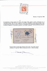 1874  Regno dItalia  Lettera da Vicenza a Trento del 26 maggio affrancata con 20 cent. azzurro Bigola, Tiratura di Torino (Sass. T26), bordo di foglio e parziale numero di tavola 128 in rettangolo.  - Asta Filatelia e Storia Postale - Associazione Nazionale - Case d'Asta italiane
