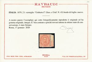 1879 - Regno dItalia  2 lire vermiglio Umberto I, gomma integra, bdf (Sass. 43).  - Asta Filatelia e Storia Postale - Associazione Nazionale - Case d'Asta italiane