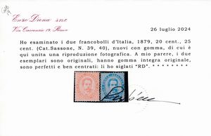 1879 - Regno dItalia  20 cent. arancio e 25 cent. azzurro Umberto I, gomma integra (Sass. 39/40).  - Asta Filatelia e Storia Postale - Associazione Nazionale - Case d'Asta italiane