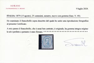 1879 - Regno dItalia  25 cent. azzurro Umberto I, gomma integra (Sass. 40).  - Asta Filatelia e Storia Postale - Associazione Nazionale - Case d'Asta italiane