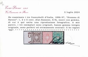 1896-97 � Regno d�Italia - Stemma di Savoia, serie completa, gomma integra (Sass. S.9).  - Asta Filatelia e Storia Postale - Associazione Nazionale - Case d'Asta italiane