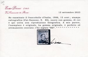 1906  Regno dItalia  15 cent. grigio nero Michetti, dent. 12, gomma originale (Sass. 80).  - Asta Filatelia e Storia Postale - Associazione Nazionale - Case d'Asta italiane