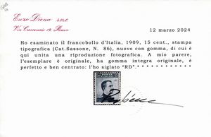 1909  Regno dItalia  15 cent. grigio nero Michetti, dent. 13 x 14, gomma integra (Sass. 86).  - Asta Filatelia e Storia Postale - Associazione Nazionale - Case d'Asta italiane