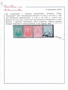 1910  Regno dItalia  Centenario del Risorgimento in Sicilia e del Plebiscito nellItalia Meridionale Garibaldi, serie completa, gomma integra (Sass. S13).  - Asta Filatelia e Storia Postale - Associazione Nazionale - Case d'Asta italiane
