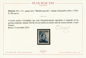 1911  Regno dItalia  15 cent. grigio nero Michetti, dent. 13 x 14, gomma integra (Sass. 96).  - Asta Filatelia e Storia Postale - Associazione Nazionale - Case d'Asta italiane