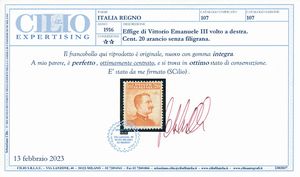 1916  Regno dItalia  20 cent. arancio Michetti, senza filigrana, dent. 13 x 13, gomma integra (Sass. 107).  - Asta Filatelia e Storia Postale - Associazione Nazionale - Case d'Asta italiane