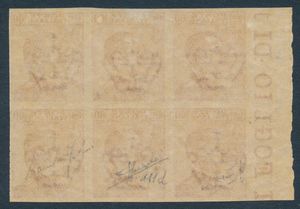 1917/20 - Regno dItalia - 60 cent. carminio - Blocco di sei esemplari bdf non dentellati (Sass. 111d).  - Asta Filatelia e Storia Postale - Associazione Nazionale - Case d'Asta italiane