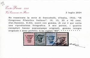 1922  Regno dItalia  9 Congresso Filatelico Italiana, seria completa, gomma integra (Sass. S.22).  - Asta Filatelia e Storia Postale - Associazione Nazionale - Case d'Asta italiane