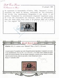 1923  Regno dItalia  Cinquantenario della morte di Alessandro Manzoni  5 lire violetto e nero usato (Sass. 156) annullato con Annullo Circolare MILANO 42 / VIA CURTATONE / -9.2.24, fuori validit ma ancora tollerato.  - Asta Filatelia e Storia Postale - Associazione Nazionale - Case d'Asta italiane