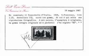 1926  Regno dItalia  7 centenario della morte di S. Francesco  1,25 lire azzurro dent. 13, gomma integra (Sass. 196).  - Asta Filatelia e Storia Postale - Associazione Nazionale - Case d'Asta italiane