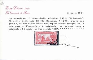 1931  Regno dItalia  7 centenario della morte di S. Antonio  75 cent. carminio, dent. 12 (Sass. 299).  - Asta Filatelia e Storia Postale - Associazione Nazionale - Case d'Asta italiane