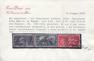 1932  Regno dItalia  Decennale della marcia su Roma  I tre alti valori di posta ordinaria, i due di posta aerea ed i due espressi tutti usati (Sass. 338, 339, 340, A42, A43, E17, E18).  - Asta Filatelia e Storia Postale - Associazione Nazionale - Case d'Asta italiane