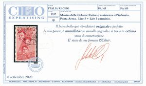 1937  Regno dItalia - Mostra delle Colonie Estive e Assistenza allinfanzia  Posta aerea - 5 lire + 3 lire carminio (Sass. A105).  - Asta Filatelia e Storia Postale - Associazione Nazionale - Case d'Asta italiane