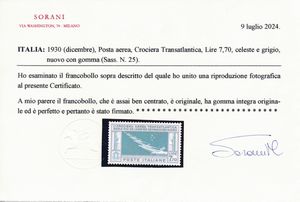 1930  Regno dItalia  Posta Aerea  Crociera transatlantica Italia-Brasile  7,70 lire celeste e grigio (Sass. 25).  - Asta Filatelia e Storia Postale - Associazione Nazionale - Case d'Asta italiane