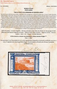 1933 - Regno dItalia - Posta Aerea - Crociera Zeppelin - 12 lire azzurro e aencio bdf non dentellato a destra (Sass. 48c).  - Asta Filatelia e Storia Postale - Associazione Nazionale - Case d'Asta italiane
