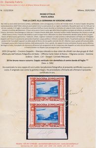 1933 - Regno dItalia - Posta Aerea - Crociera Zeppelin - 20 lire bruno rosso e azzurro coppia verticale bdf non dentellata al centro (Sass. 50b).  - Asta Filatelia e Storia Postale - Associazione Nazionale - Case d'Asta italiane