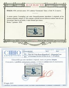 1934  Regno dItalia  Servizio Aereo  Volo Roma-Mogadiscio  10 lire ardesia Coroncina (Sass. 2).  - Asta Filatelia e Storia Postale - Associazione Nazionale - Case d'Asta italiane