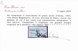 1934  Regno dItalia  Servizio Aereo  Volo Roma-Mogadiscio  10 lire ardesia Coroncina (Sass. 2).  - Asta Filatelia e Storia Postale - Associazione Nazionale - Case d'Asta italiane