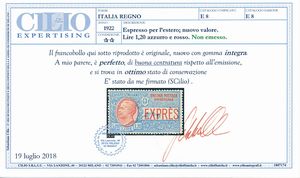 1922  Regno dItalia  Espressi  Effige di Vittorio Emanuele III  1,20 lire azzurro e rosso, non emesso (Sass. 8).  - Asta Filatelia e Storia Postale - Associazione Nazionale - Case d'Asta italiane
