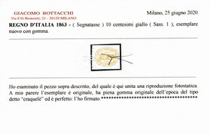 1863 - Regno dItalia - Segnatasse - 1 giallo (Sass. 1).  - Asta Filatelia e Storia Postale - Associazione Nazionale - Case d'Asta italiane
