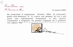 1863  Regno dItalia  Segnatasse  10 cent. giallo nuovo (Sass. 1).  - Asta Filatelia e Storia Postale - Associazione Nazionale - Case d'Asta italiane