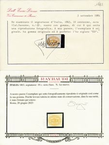 1863  Regno dItalia  Segnatasse  Cifra in ovale  10 cent. ocra (Sass. 1a).  - Asta Filatelia e Storia Postale - Associazione Nazionale - Case d'Asta italiane