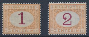1870  Regno dItalia  Segnatasse  1 e 2 cent. ocra e carminio (Sass. 3 e 4).  - Asta Filatelia e Storia Postale - Associazione Nazionale - Case d'Asta italiane