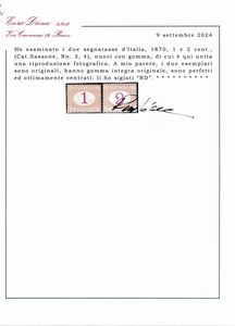 1870  Regno dItalia  Segnatasse  1 e 2 cent. ocra e carminio (Sass. 3 e 4).  - Asta Filatelia e Storia Postale - Associazione Nazionale - Case d'Asta italiane